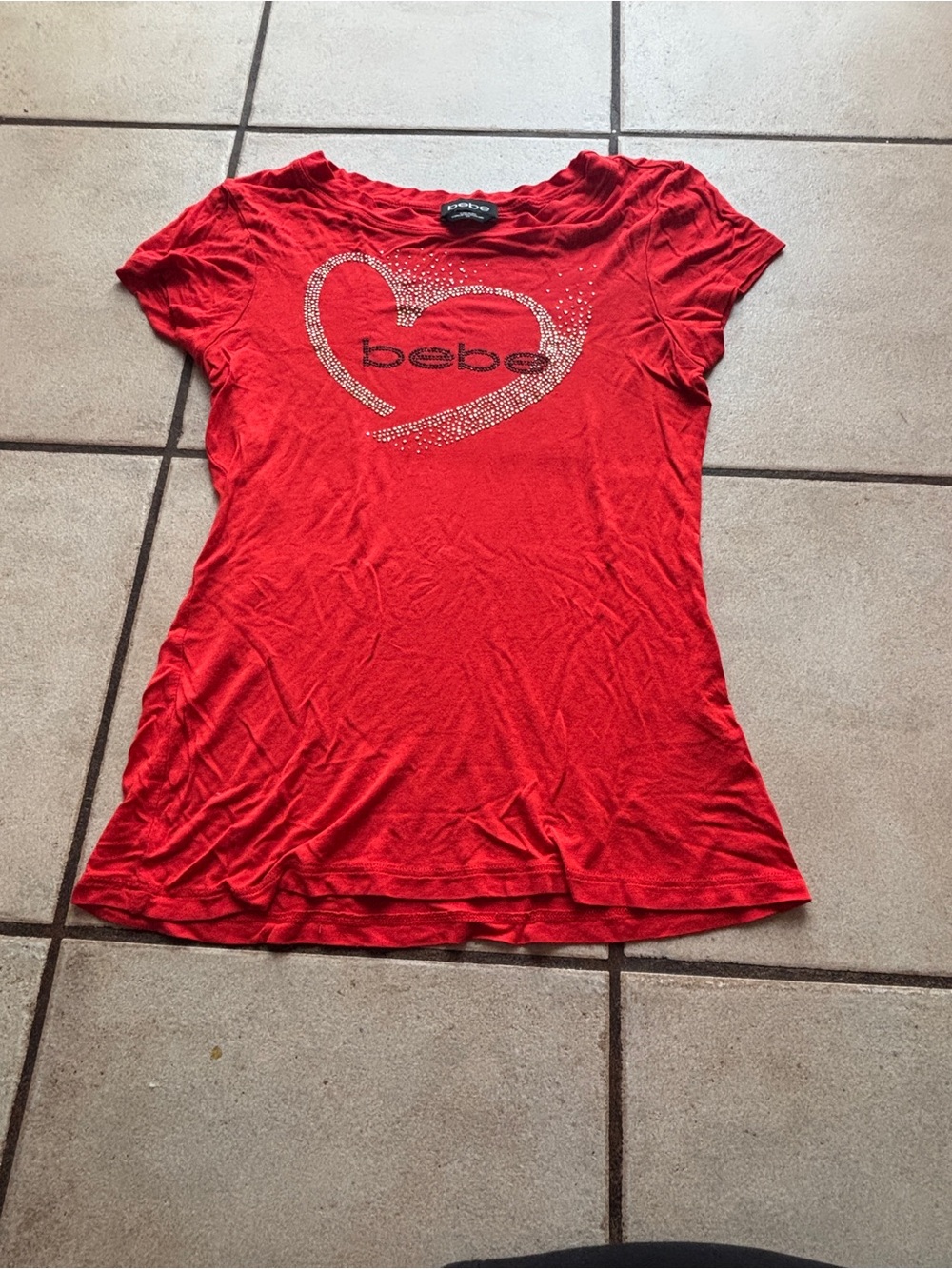 bebe Red Short Sleeve Tee with Rhinestone Heart Logo